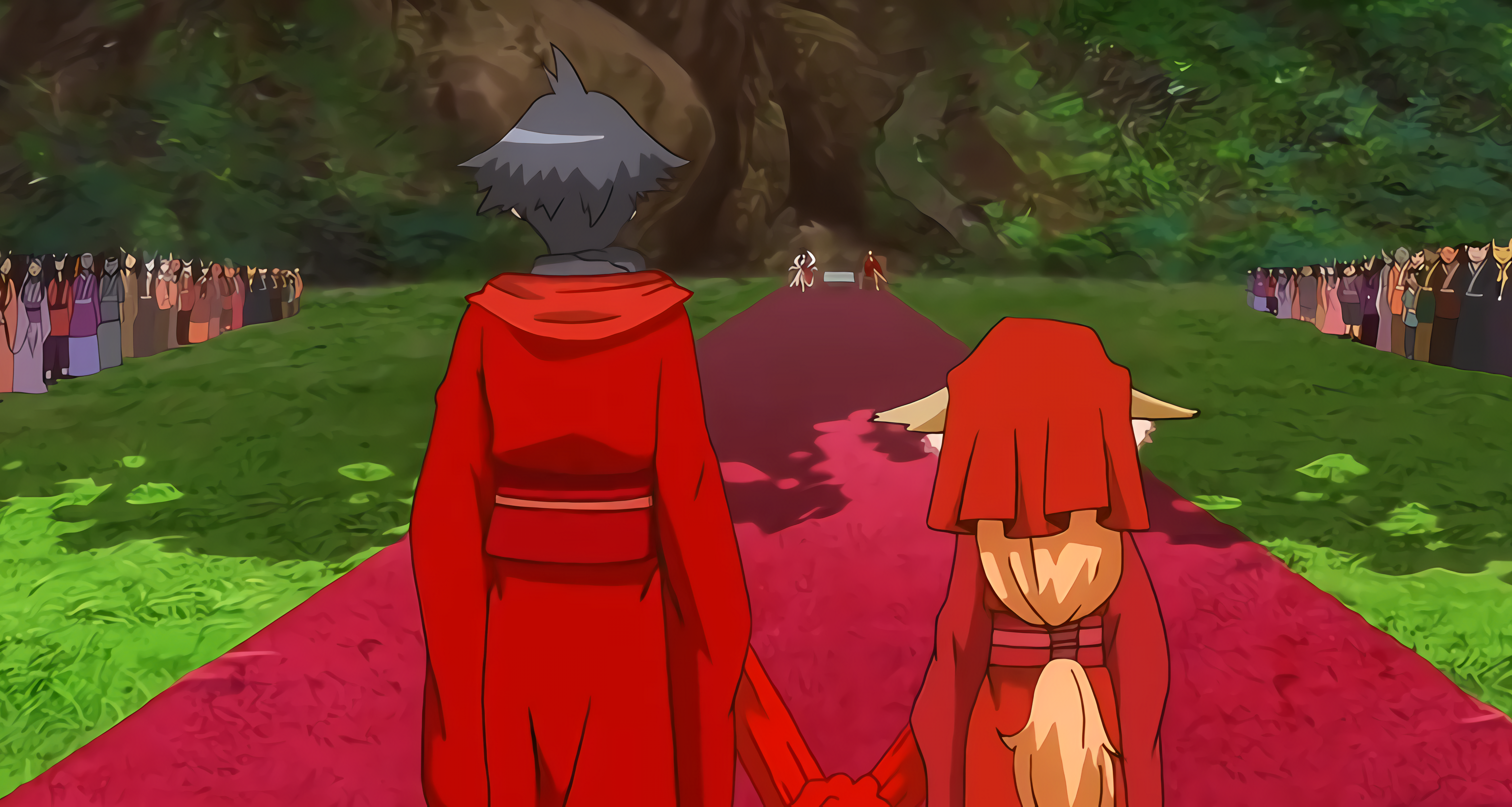 The scene shows two figures in red wedding clothes holding a red rope as they walk off into the distance
