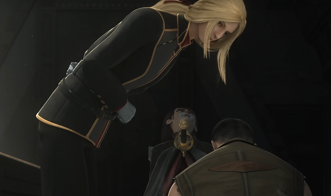 The yellow-haired figure reaches out to touch the head of the kneeling figure, and the kneeling figure's body rises and falls as he gasps for breath.